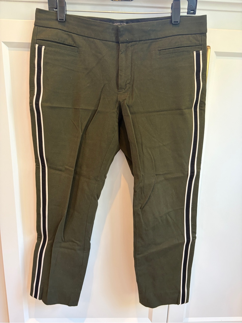 Banana Republic Olive Green Chinos with Black and White Side Stripes